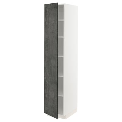 A tall, white storage cabinet with dark grey textured doors, part of the ikea METOD kitchen system, featuring adjustable shelves.