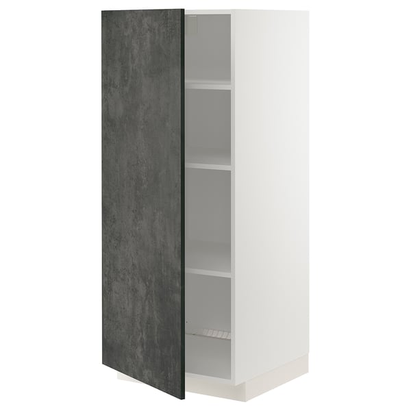 A METOD kitchen cabinet with a dark grey kalhyttan door in a modern urban style. It has three interior shelves and is white in color.