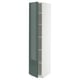 High gloss green METOD kitchen cabinet, adjustable shelves, white frame.