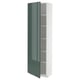 A tall white cabinet with a high-gloss green door open, revealing adjustable shelves inside.