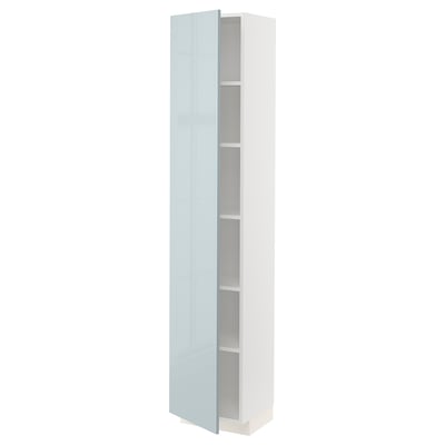 A modern, tall white ikea METOD kitchen cabinet with a high-gloss grey-blue door, including shelves, in a sleek design.