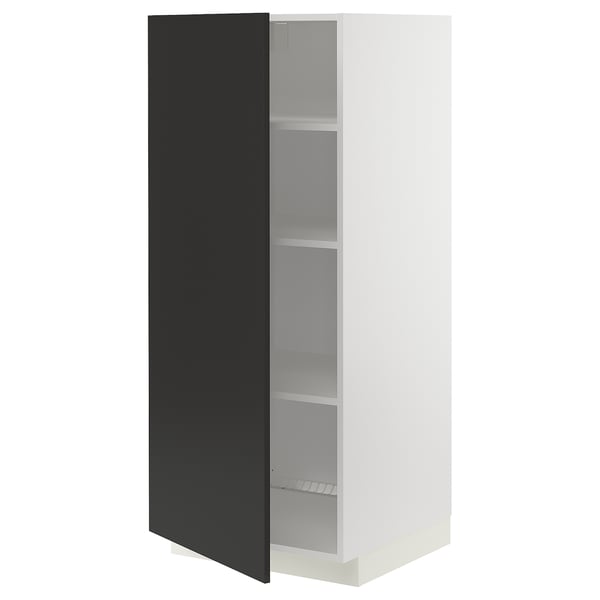 Modern openable black and white kitchen cabinet with adjustable shelves.