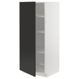 Modern openable black and white kitchen cabinet with adjustable shelves.