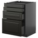 Black METOD kitchen unit with beveled drawers, sleek modern design.