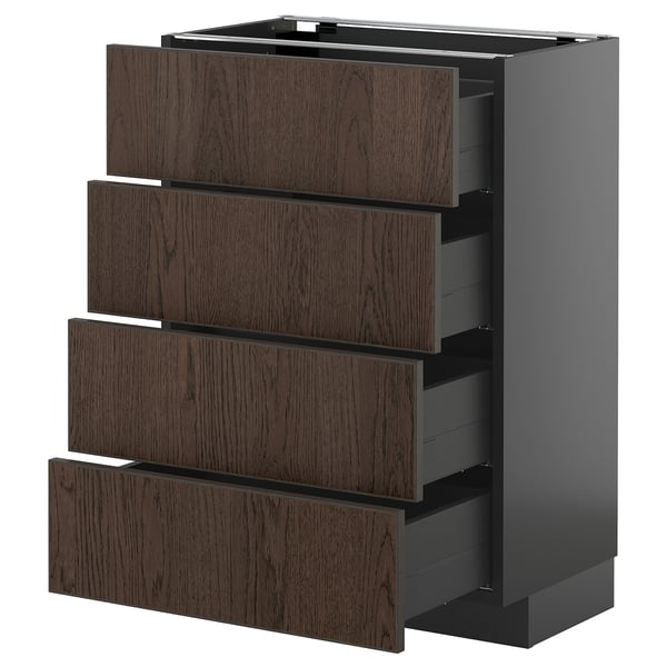 Modern dark brown oak wood drawers, four full-extension kitchen drawers.