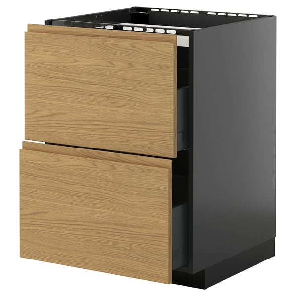 Modern METOD kitchen unit with two oak drawers and dark gray frame.