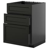 Black kitchen cabinet with multiple drawers and a sleek, modern design.