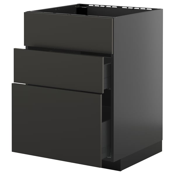 A modern black kitchen cabinet with three drawers. It sleek, smooth-running drawers and a sturdy frame construction.