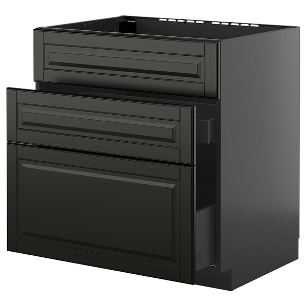 A black METOD kitchen unit with multiple drawers and a cabinet, featuring a sleek modern design.