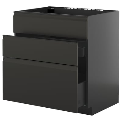 Modern black kitchen cabinet set, glossy finish, square shape, multiple drawers.