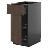 Modern kitchen cabinet, dark brown with wood grain, sleek design, flat panel, includes wire racks.