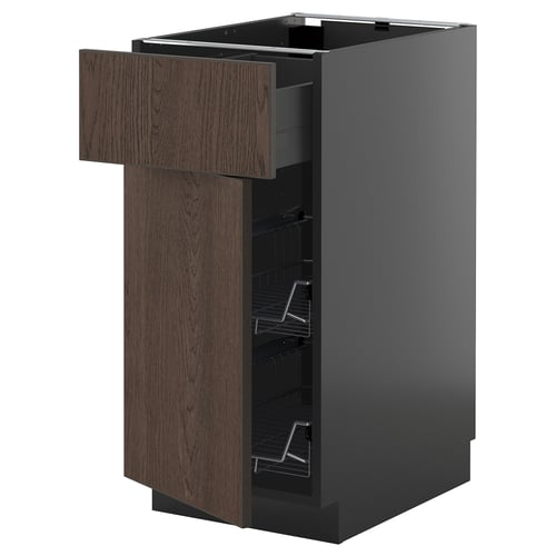 Modern kitchen cabinet, dark brown with wood grain, sleek design, flat panel, includes wire racks.