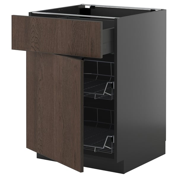 Modern kitchen unit: METOD, dark brown sinarp wood, 3 shelves, one drawer, sleek design.