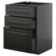 Dark grey modern kitchen cabinet with three drawers and one large door. Sleek, minimalist design with beveled edges.