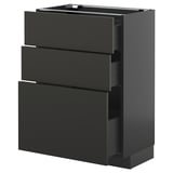 Black METOD kitchen cabinet with three drawers, sleek modern design, particleboard & plastic, horizontal lines.