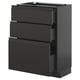Dark gray kitchen cabinet with 3 open drawers.