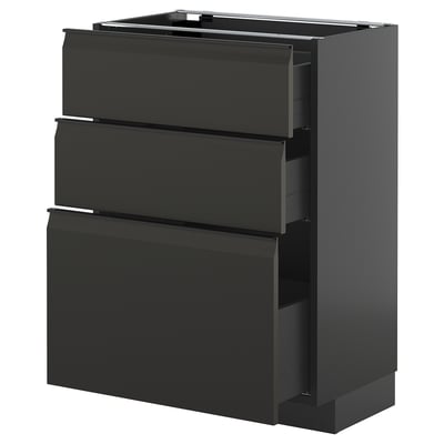 Dark gray kitchen cabinet with 3 open drawers.