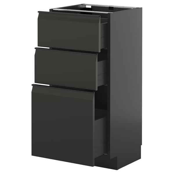 Modern black kitchen cabinet with three pull-out drawers.