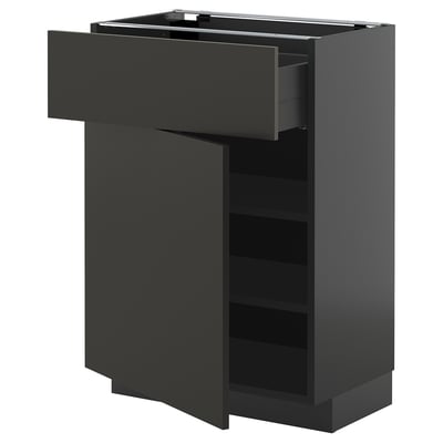 METOD kitchen unit in black with open drawer, adjustable shelves, modern design.