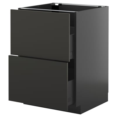 An ikea METOD kitchen cabinet in matte black with two drawers. Its a modern, sleek design with a sturdy frame and smooth-running drawers.