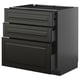 This image displays a black METOD kitchen cabinet with three drawers and a single door, featuring modern design with beveled edges.