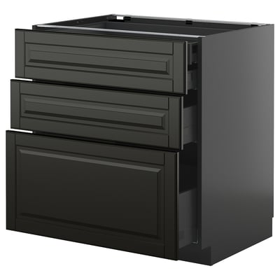 This image displays a black METOD kitchen cabinet with three drawers and a single door, featuring modern design with beveled edges.