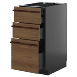 Modern kitchen unit with gray base and dark wood drawers featuring sleek handles.