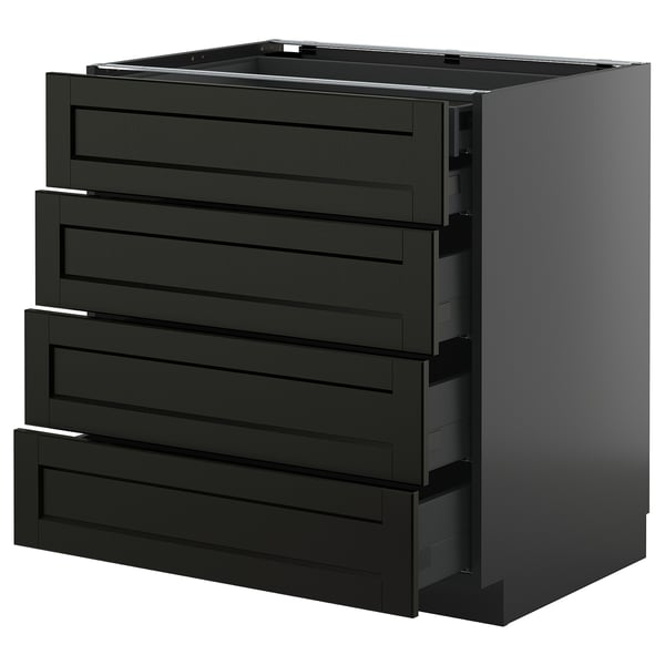 Black kitchen drawer unit, METOD, with four beveled drawers.