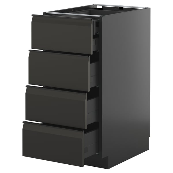 Modern black kitchen unit with 4 smooth drawers, sleek handles, and a sturdy, rectangular design.