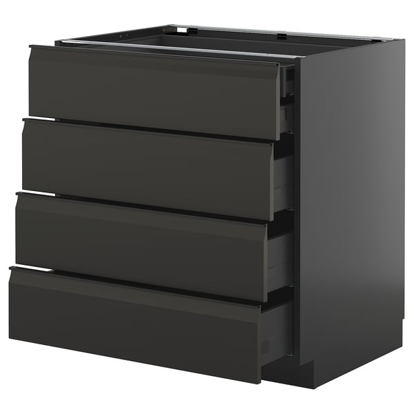 This image shows a black METOD kitchen cabinet with four integrated drawers, sleek and modern with a smooth finish.