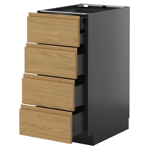 Modern black kitchen cabinet with four wooden drawers, sleek and minimalist design, sturdy construction.
