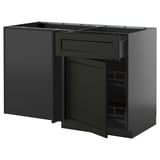 Modern black kitchen cabinet set with open drawers, dark wood finish, rectangular shape, and sleek design.