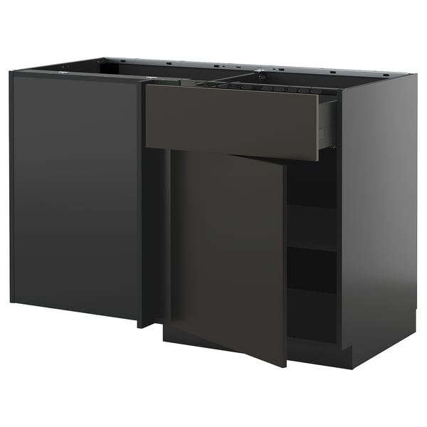 Image shows ikea METOD kitchen cabinet in black with a sleek, modern design. It a large drawer and adjustable shelf.