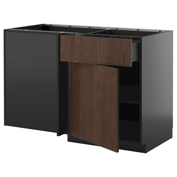 Modern kitchen unit: METOD with dark gray and brown wood drawers, sleek design.