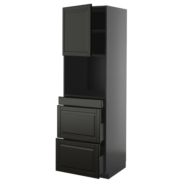 Black kitchen cabinet with dark gray finish, featuring a door, two shelves, and three drawers; modern, sleek design.