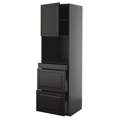 Black kitchen cabinet with dark gray finish, featuring a door, two shelves, and three drawers; modern, sleek design.