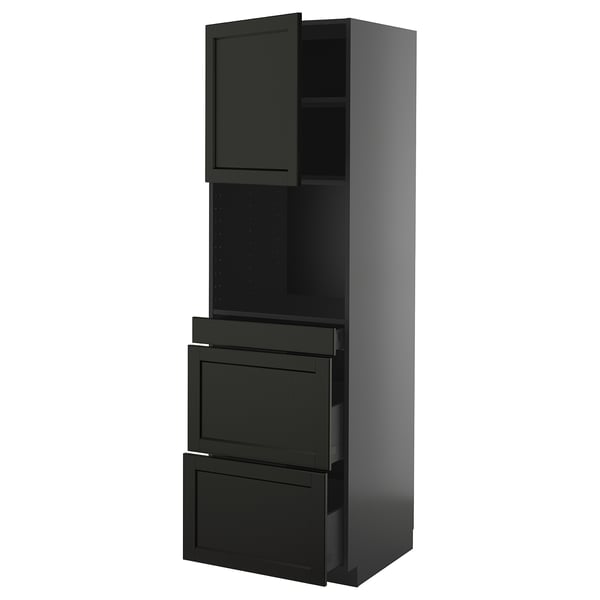 Black kitchen cabinet with modern design, featuring sleek drawers and doors, and a spacious shelf for storage.