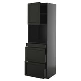 Black kitchen cabinet with modern design, featuring sleek drawers and doors, and a spacious shelf for storage.