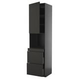 Modern black kitchen cabinet with sleek matt finishes, drawers, and shelves.