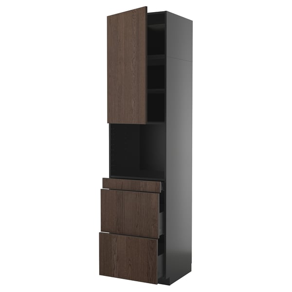 METOD tall kitchen unit, dark brown wood, gray sides, 3 shelves, 2 drawers.