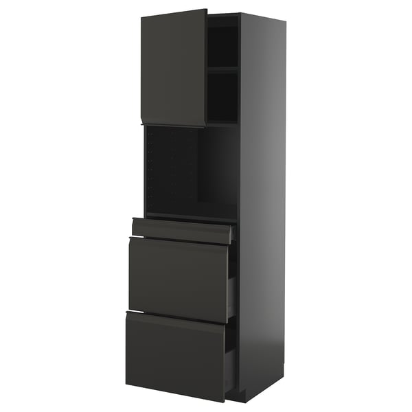 Modern black ikea METOD kitchen cabinet with two drawers and one open shelf.