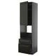 Black kitchen cabinet, tall with open shelf, two drawers, and glass door.