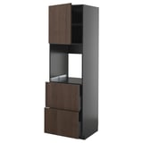 Dark brown wooden kitchen cabinet with metal frame, featuring drawers and open shelves. Tall, sleek design with modern finishes.