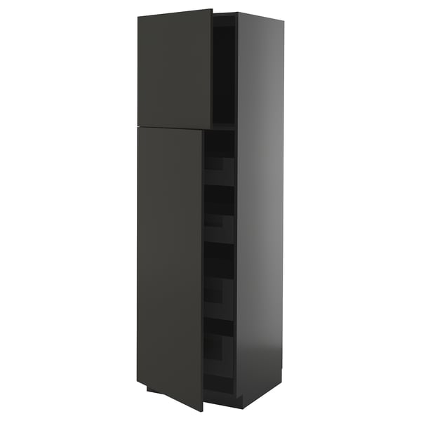Black kitchen cabinet, modern, tall, two doors, one shelf visible, sleek design.
