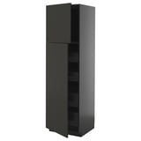 Black kitchen cabinet, modern, tall, two doors, one shelf visible, sleek design.