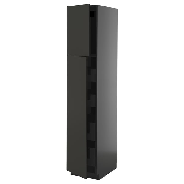 Dark gray vertical kitchen cabinet with sleek, modern design and smooth surfaces.