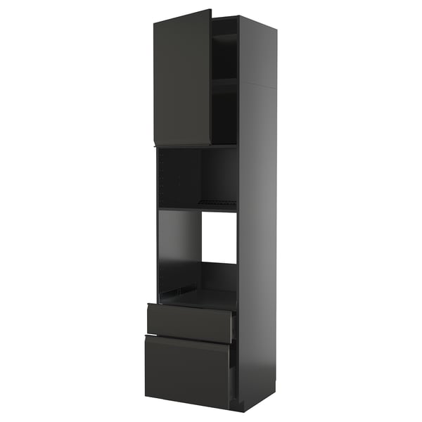 Modern black kitchen cabinet with drawer, sleek handles, and adjustable shelves.