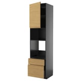 Minimalist black and oak kitchen unit with drawers and shelves. Tall, rectangular shape with modern design.