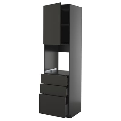 Black kitchen cabinet with three drawers and an open shelf, featuring modern design and metallic handles.
