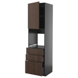 METOD kitchen unit, dark brown sinarp wood, tall with shelves and drawers.